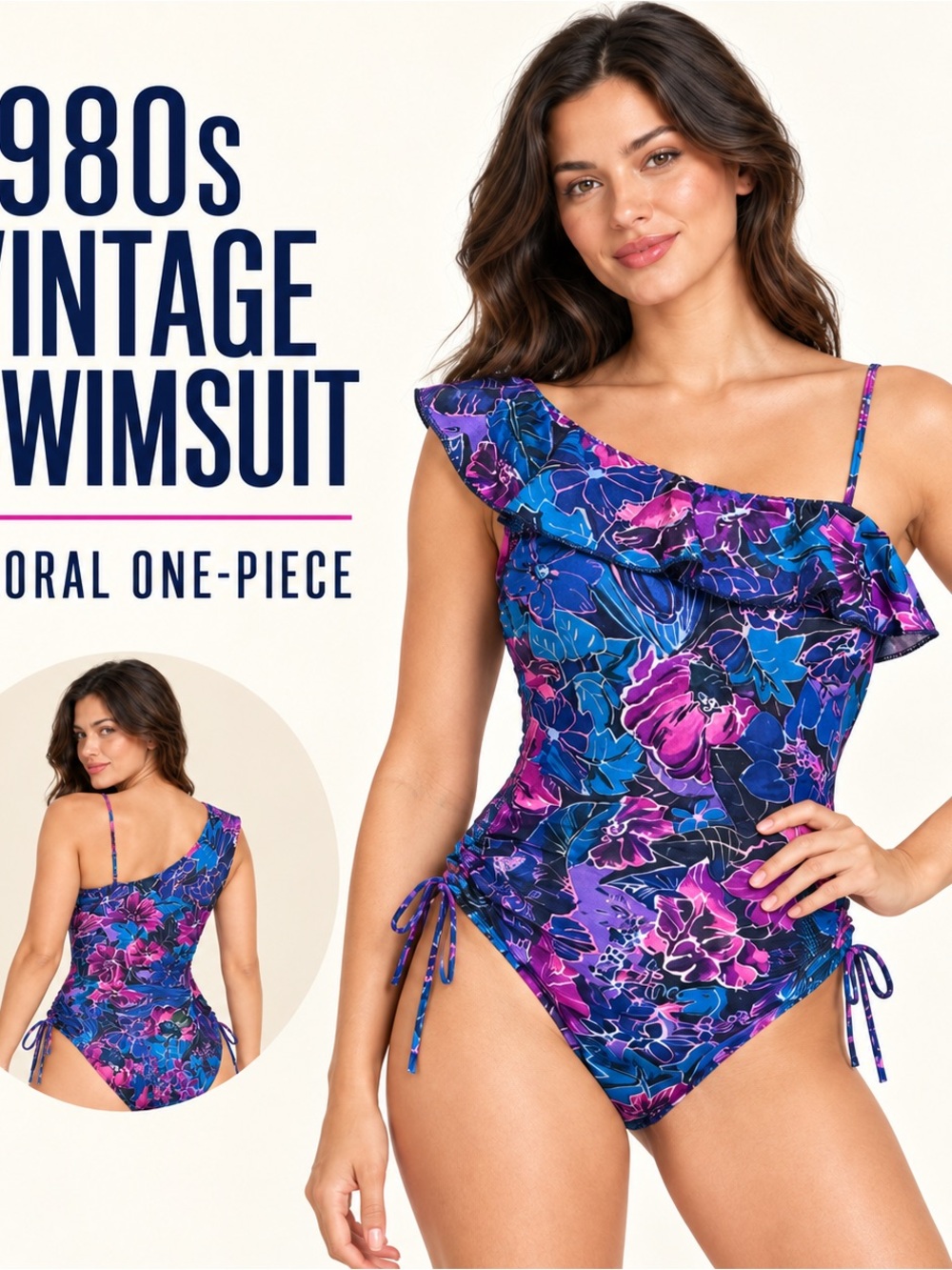 1980s Vintage Floral One-Piece Swimsuit - Purple Blue Pink